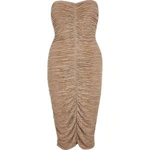 Topshop Beige Ruched Bardot Bodycon Dress